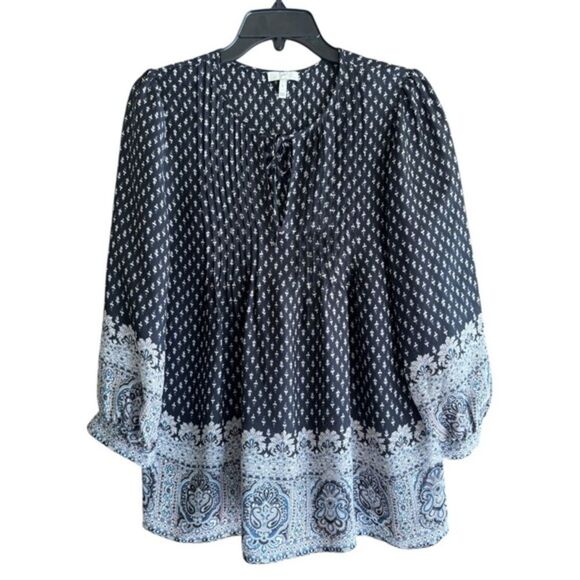 Joie Tops - Joie Silk Boho Paisley Peasant Blouse Size Small Black White Tie Neck